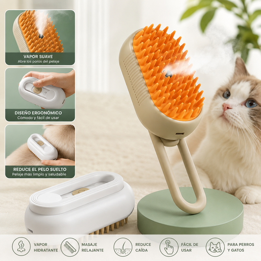 Cepillo de Vapor 3 en 1 para Perros y Gatos | Elimina Pelo, Masajea e Hidrata el Pelaje