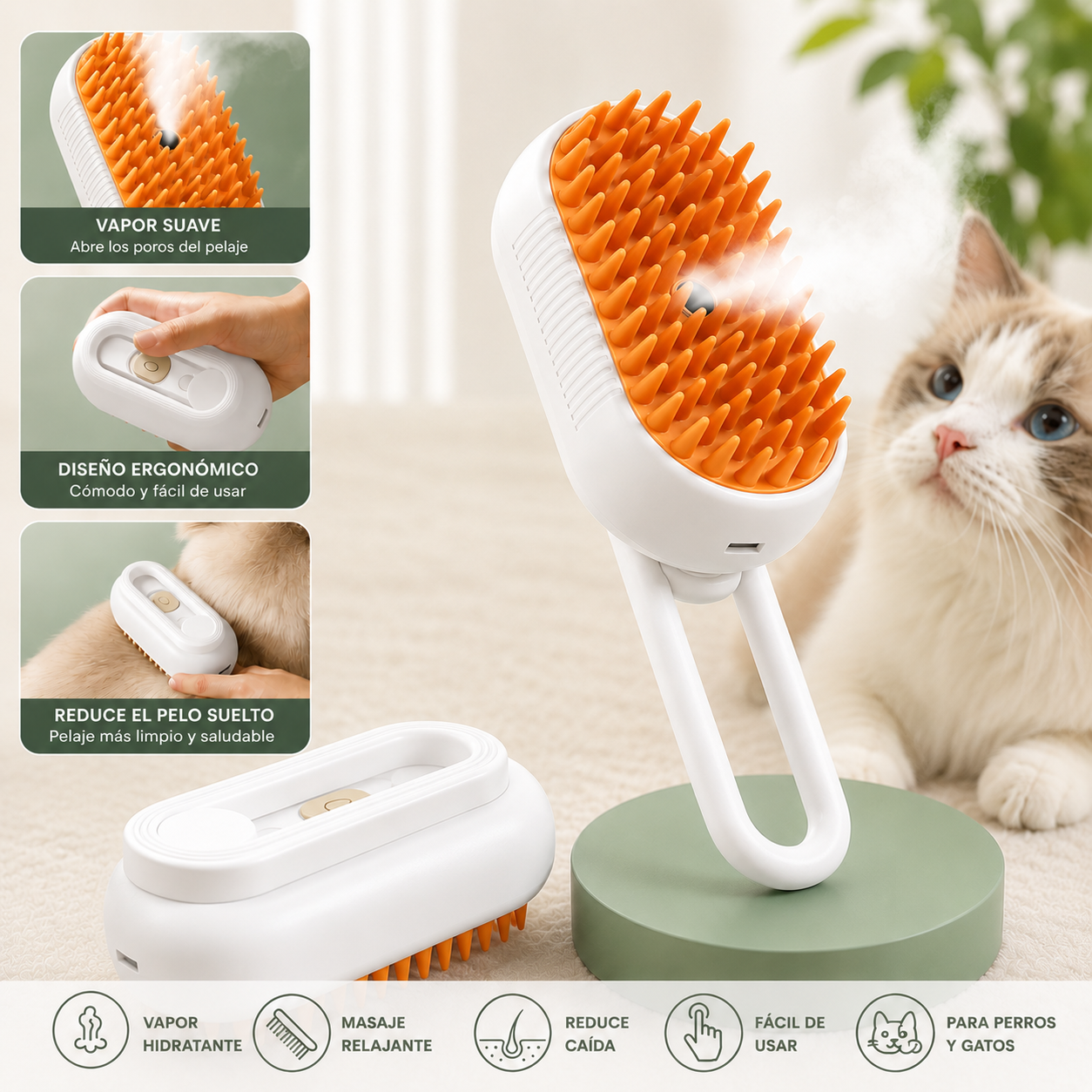 Cepillo de Vapor 3 en 1 para Perros y Gatos | Elimina Pelo, Masajea e Hidrata el Pelaje