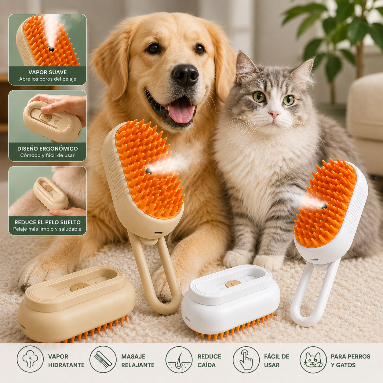 Cepillo de Vapor 3 en 1 para Perros y Gatos | Elimina Pelo, Masajea e Hidrata el Pelaje