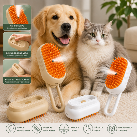 Cepillo de Vapor 3 en 1 para Perros y Gatos | Elimina Pelo, Masajea e Hidrata el Pelaje